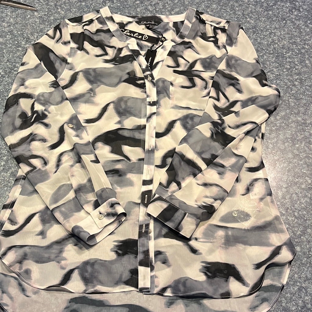 Charlie B Button-Down Horses (Abstract)Sheer Blouse Nwt Black/Grey/Pink - M/M